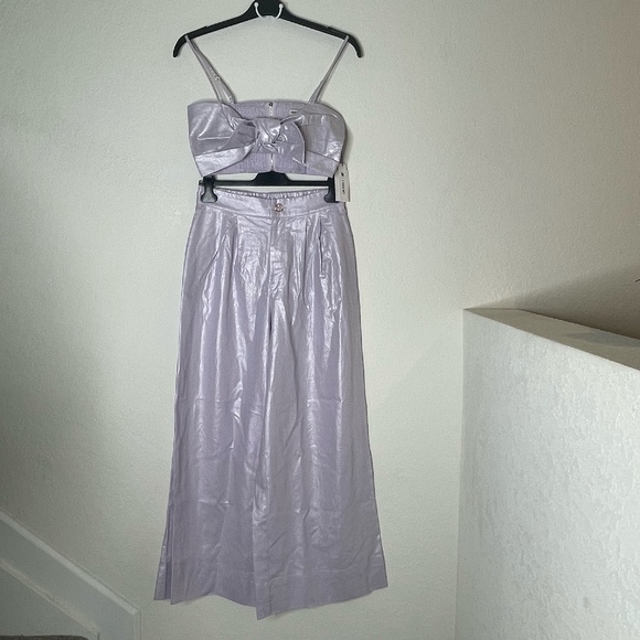 Jason Wu NWT 2 Piece Set Bow Crop Top Wide Leg Pants Women Sz M Purple Metallic - Picture 1 of 15